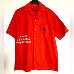 Acne Studios Button Down Shirt Logo Patch Orange Neon Short Sleeve